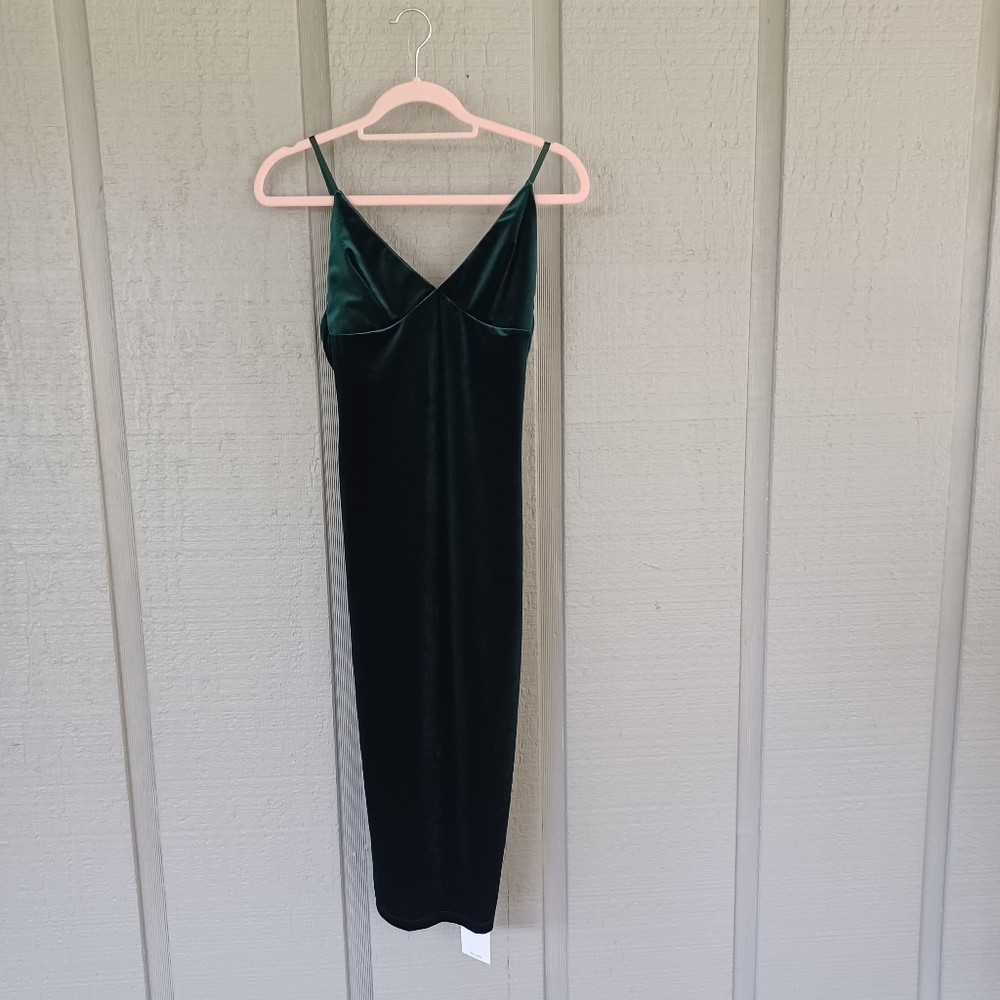 Halara Women V Neck Velvet Midi Party Dress SZ XS Mossy Forest Adjustable Strap
